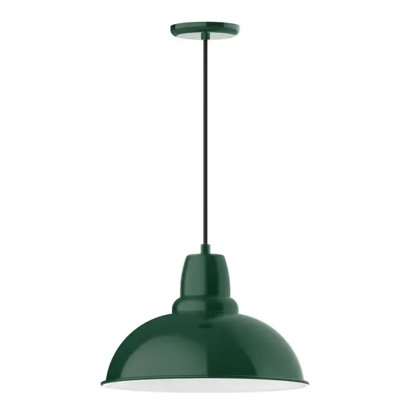 Cord hung pendants are a fun and useful addition to your décor, they will add color, and design flair to any application. Choose from 10 finishes and 10 cord patterns, accessorize with a wire grill, or glass and guard to create your own custom pendant. Great for interior use over a table, island, or workbench. Our Cafe shades will help transform your outdoor living area into a warm and intimate gathering space. Collection: Cafe Finish: Forest Green Glass: 16 inch Cafe Width: 16.00" Height: 106.00" Length: 16.00" Weight: 3.50 lb Wire: 6' Polished Copper Fabric Cord Canopy: 5.375" diameter Number of Bulbs: 1 Maximum Wattage: 15.00 W Light Source: LED Light Output: 1200.00 lm Color Temperature: 2700 K CRI: 90 Dimmable Rated Average Life: 50,000 Voltage: 120.00 V Country of Origin: US Safety Listing: UL/cUL Safety Rating: Dry Dark Sky LED Manufacturer Warranty: 1-year limited warranty on the fixture.