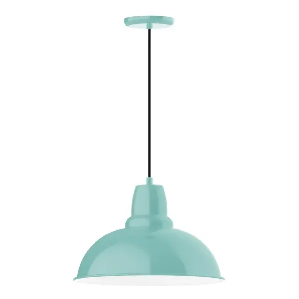 Cord hung pendants are a fun and useful addition to your décor, they will add color, and design flair to any application. Choose from 10 finishes and 10 cord patterns, accessorize with a wire grill, or glass and guard to create your own custom pendant. Great for interior use over a table, island, or workbench. Our Cafe shades will help transform your outdoor living area into a warm and intimate gathering space. Collection: Cafe Finish: Sea Green Glass: 16 inch Cafe Width: 16.00" Height: 106.00" Length: 16.00" Weight: 3.50 lb Wire: 6' White SJT Cord Canopy: 5.375" diameter Number of Bulbs: 1 Maximum Wattage: 15.00 W Light Source: LED Light Output: 1200.00 lm Color Temperature: 2700 K CRI: 90 Dimmable Rated Average Life: 50,000 Voltage: 120.00 V Country of Origin: US Safety Listing: UL/cUL Safety Rating: Dry Dark Sky LED Manufacturer Warranty: 1-year limited warranty on the fixture.