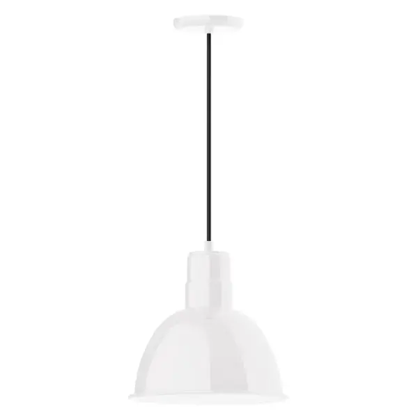 Cord hung pendants are a fun and useful addition to your décor, they will add color, and design flair to any application. Choose from 10 finishes and 10 cord patterns, accessorize with a wire grill, or glass and guard to create your own custom pendant. Great for interior use over a table, island, or workbench. Our Deep Bowl shade, the ultimate domed reflector, is classic in shape and offers great light output. Collection: Deep Bowl Finish: White Glass: Clear Glass with Cast Guard Notes: Option (1) A19 LED and 3-Integrated 8W, 10W, 15W Width: 12.00" Height: 113.00" Length: 12.00" Weight: 3.50 lb Wire: 6' White and Gray Dot Fabric Cord Canopy: 5.375" diameter Number of Bulbs: 1 Maximum Wattage: 100.00 W Bulb Type: A19 Bulb Base: E26 Medium Light Source: Incandescent or LED equivalent Dimmable Voltage: 120.00 V Country of Origin: US Safety Listing: UL/cUL Safety Rating: Dry Dark Sky LED Manufacturer Warranty: 1-year limited warranty on the fixture.