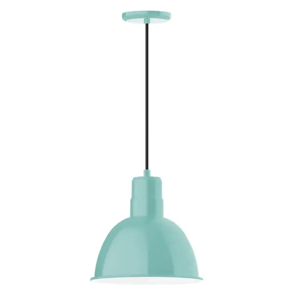 Cord hung pendants are a fun and useful addition to your décor, they will add color, and design flair to any application. Choose from 10 finishes and 10 cord patterns, accessorize with a wire grill, or glass and guard to create your own custom pendant. Great for interior use over a table, island, or workbench. Our Deep Bowl shade, the ultimate domed reflector, is classic in shape and offers great light output. Collection: Deep Bowl Finish: Sea Green Glass: 12 inch Deep Bowl Width: 12.00" Height: 113.00" Length: 12.00" Weight: 3.50 lb Wire: 6' Black SJT Canopy: 5.375" diameter Number of Bulbs: 1 Maximum Wattage: 10.00 W Light Source: LED Light Output: 800.00 lm Color Temperature: 3000 K CRI: 90 Dimmable Rated Average Life: 50,000 Voltage: 120.00 V Country of Origin: US Safety Listing: UL/cUL Safety Rating: Dry Dark Sky LED Manufacturer Warranty: 1-year limited warranty on the fixture.