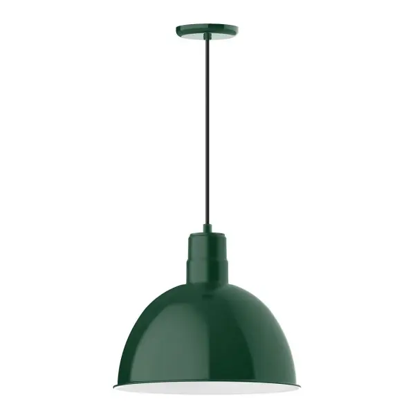 Cord hung pendants are a fun and useful addition to your décor, they will add color, and design flair to any application. Choose from 10 finishes and 10 cord patterns, accessorize with a wire grill, or glass and guard to create your own custom pendant. Great for interior use over a table, island, or workbench. Our Deep Bowl shade, the ultimate domed reflector, is classic in shape and offers great light output. Collection: Deep Bowl Finish: Forest Green Glass: 16 inch Deep Bowl Width: 16.00" Height: 113.00" Length: 16.00" Weight: 3.50 lb Wire: 6' Black SJT Canopy: 5.375" diameter Number of Bulbs: 1 Maximum Wattage: 15.00 W Light Source: LED Light Output: 1200.00 lm Color Temperature: 3000 K CRI: 90 Dimmable Rated Average Life: 50,000 Voltage: 120.00 V Country of Origin: US Safety Listing: UL/cUL Safety Rating: Dry Dark Sky LED Manufacturer Warranty: 1-year limited warranty on the fixture.
