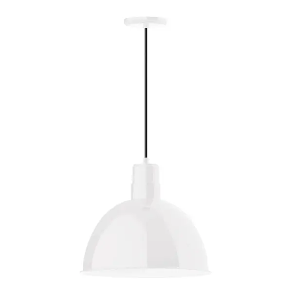 Cord hung pendants are a fun and useful addition to your décor, they will add color, and design flair to any application. Choose from 10 finishes and 10 cord patterns, accessorize with a wire grill, or glass and guard to create your own custom pendant. Great for interior use over a table, island, or workbench. Our Deep Bowl shade, the ultimate domed reflector, is classic in shape and offers great light output. Collection: Deep Bowl Finish: White Glass: 16 inch Deep Bowl Width: 16.00" Height: 113.00" Length: 16.00" Weight: 3.50 lb Wire: 6' Polished Copper Fabric Cord Canopy: 5.375" diameter Number of Bulbs: 1 Maximum Wattage: 15.00 W Light Source: LED Light Output: 1200.00 lm Color Temperature: 2700 K CRI: 90 Dimmable Rated Average Life: 50,000 Voltage: 120.00 V Country of Origin: US Safety Listing: UL/cUL Safety Rating: Dry Dark Sky LED Manufacturer Warranty: 1-year limited warranty on the fixture.