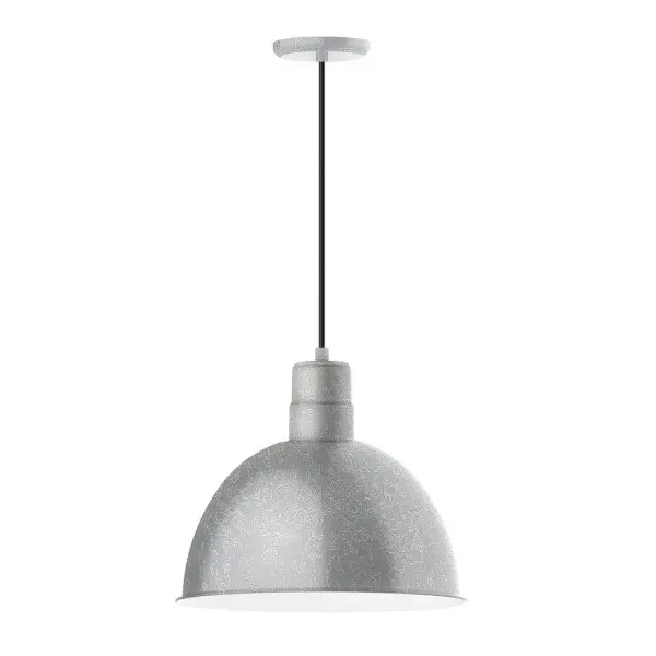 Cord hung pendants are a fun and useful addition to your décor, they will add color, and design flair to any application. Choose from 10 finishes and 10 cord patterns, accessorize with a wire grill, or glass and guard to create your own custom pendant. Great for interior use over a table, island, or workbench. Our Deep Bowl shade, the ultimate domed reflector, is classic in shape and offers great light output. Collection: Deep Bowl Finish: Painted Galvanized Glass: Clear Glass with Cast Guard Notes: Option (1) A19 LED and 3-Integrated 8W, 10W, 15W Width: 16.00" Height: 113.00" Length: 16.00" Weight: 3.50 lb Wire: 6' Black SJT Canopy: 5.375" diameter Number of Bulbs: 1 Maximum Wattage: 100.00 W Bulb Type: A19 Bulb Base: E26 Medium Light Source: Incandescent or LED equivalent Dimmable Voltage: 120.00 V Country of Origin: US Safety Listing: UL/cUL Safety Rating: Dry Dark Sky LED Manufacturer Warranty: 1-year limited warranty on the fixture.