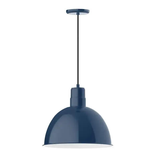 Cord hung pendants are a fun and useful addition to your décor, they will add color, and design flair to any application. Choose from 10 finishes and 10 cord patterns, accessorize with a wire grill, or glass and guard to create your own custom pendant. Great for interior use over a table, island, or workbench. Our Deep Bowl shade, the ultimate domed reflector, is classic in shape and offers great light output. Collection: Deep Bowl Finish: Navy Glass: Clear Glass with Cast Guard Notes: Option (1) A19 LED and 3-Integrated 8W, 10W, 15W Width: 16.00" Height: 113.00" Length: 16.00" Weight: 3.50 lb Wire: 6' Black SJT Canopy: 5.375" diameter Number of Bulbs: 1 Maximum Wattage: 100.00 W Bulb Type: A19 Bulb Base: E26 Medium Light Source: Incandescent or LED equivalent Dimmable Voltage: 120.00 V Country of Origin: US Safety Listing: UL/cUL Safety Rating: Dry Dark Sky LED Manufacturer Warranty: 1-year limited warranty on the fixture.