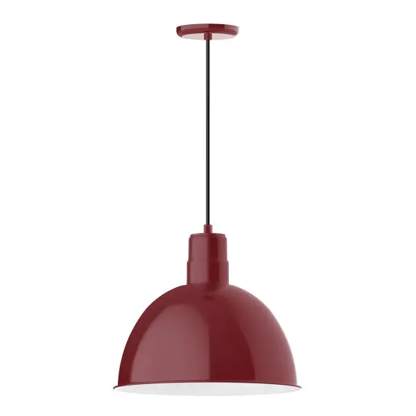 Cord hung pendants are a fun and useful addition to your décor, they will add color, and design flair to any application. Choose from 10 finishes and 10 cord patterns, accessorize with a wire grill, or glass and guard to create your own custom pendant. Great for interior use over a table, island, or workbench. Our Deep Bowl shade, the ultimate domed reflector, is classic in shape and offers great light output. Collection: Deep Bowl Finish: Barn Red Glass: Clear Glass with Cast Guard Notes: Option (1) A19 LED and 3-Integrated 8W, 10W, 15W Width: 16.00" Height: 113.00" Length: 16.00" Weight: 3.50 lb Wire: 6' Black Fabric Cord Canopy: 5.375" diameter Number of Bulbs: 1 Maximum Wattage: 100.00 W Bulb Type: A19 Bulb Base: E26 Medium Light Source: Incandescent or LED equivalent Dimmable Voltage: 120.00 V Country of Origin: US Safety Listing: UL/cUL Safety Rating: Dry Dark Sky LED Manufacturer Warranty: 1-year limited warranty on the fixture.