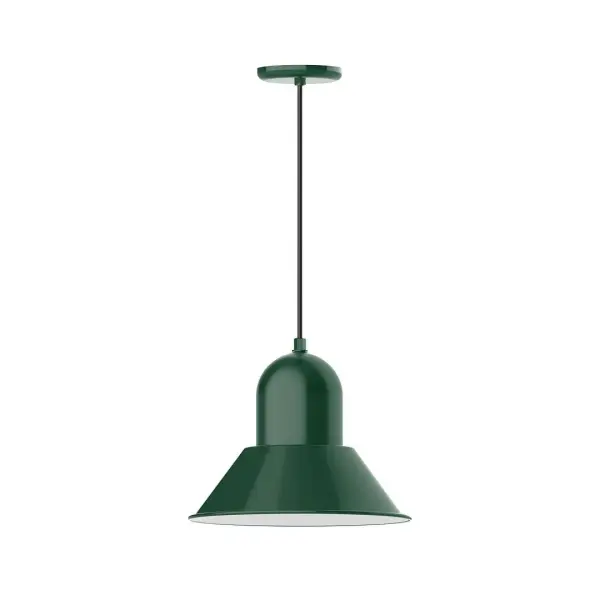Cord hung pendants are a fun and useful addition to your décor, they will add color, and design flair to any application. Choose from 10 finishes and 10 cord patterns, accessorize with a wire grill, or glass and guard to create your own custom pendant. Great for interior use over a table, island, or workbench. Our Prima shade is elegant and clean-lined, inspiring illumination of your beautiful view Collection: Prima Finish: Forest Green Glass: 14 inch Prima Width: 14.00" Height: 82.50" Length: 14.00" Weight: 8.00 lb Wire: 6' White and Gray Dot Fabric Cord Canopy: 5.375" diameter Number of Bulbs: 1 Maximum Wattage: 15.00 W Light Source: LED Light Output: 1200.00 lm Color Temperature: 2700 K CRI: 90 Dimmable Rated Average Life: 50,000 Voltage: 120.00 V Country of Origin: US Safety Listing: UL/cUL Safety Rating: Dry Dark Sky LED Manufacturer Warranty: 1-year limited warranty on the fixture.