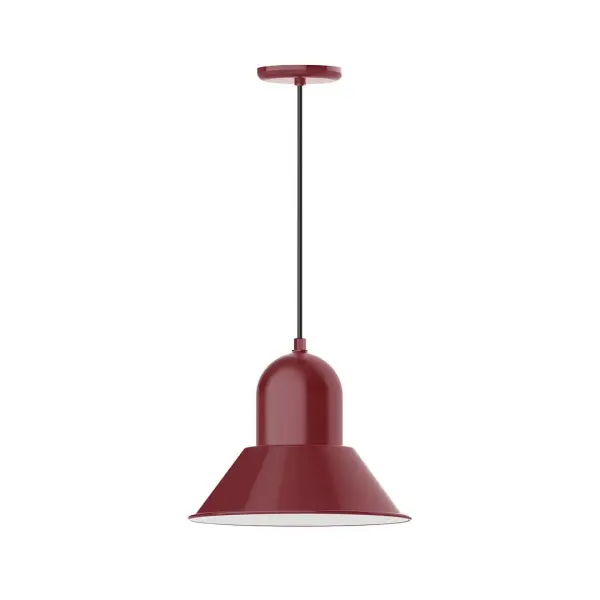 Cord hung pendants are a fun and useful addition to your décor, they will add color, and design flair to any application. Choose from 10 finishes and 10 cord patterns, accessorize with a wire grill, or glass and guard to create your own custom pendant. Great for interior use over a table, island, or workbench. Our Prima shade is elegant and clean-lined, inspiring illumination of your beautiful view Collection: Prima Finish: Barn Red Glass: 14 inch Prima Width: 14.00" Height: 82.50" Length: 14.00" Weight: 8.00 lb Wire: 6' Black SJT Canopy: 5.375" diameter Number of Bulbs: 1 Maximum Wattage: 15.00 W Light Source: LED Light Output: 1200.00 lm Color Temperature: 3000 K CRI: 90 Dimmable Rated Average Life: 50,000 Voltage: 120.00 V Country of Origin: US Safety Listing: UL/cUL Safety Rating: Dry Dark Sky LED Manufacturer Warranty: 1-year limited warranty on the fixture.