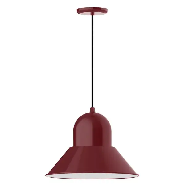 Cord hung pendants are a fun and useful addition to your décor, they will add color, and design flair to any application. Choose from 10 finishes and 10 cord patterns, accessorize with a wire grill, or glass and guard to create your own custom pendant. Great for interior use over a table, island, or workbench. Our Prima shade is elegant and clean-lined, inspiring illumination of your beautiful view Collection: Prima Finish: Barn Red Glass: 16 inch Prima Width: 16.00" Height: 113.00" Length: 16.00" Weight: 3.50 lb Wire: 6' White and Gray Dot Fabric Cord Canopy: 5.375" diameter Number of Bulbs: 1 Maximum Wattage: 15.00 W Light Source: LED Light Output: 1200.00 lm Color Temperature: 2700 K CRI: 90 Dimmable Rated Average Life: 50,000 Voltage: 120.00 V Country of Origin: US Safety Listing: UL/cUL Safety Rating: Dry Dark Sky LED Manufacturer Warranty: 1-year limited warranty on the fixture.