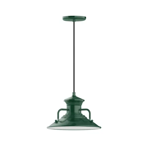 Cord hung pendants are a fun and useful addition to your décor, they will add color, and design flair to any application. Choose from 10 finishes and 10 cord patterns, accessorize with a wire grill, or glass and guard to create your own custom pendant. Great for interior use over a table, island, or workbench. The Homestead shade with its cap and handles, has farmhouse flair, at home over a kitchen table or a wide front porch. Collection: Homestead Finish: Forest Green Glass: Clear Glass with Cast Guard Notes: Option (1) A19 LED and 3-Integrated 8W, 10W, 15W Width: 12.13" Height: 79.25" Length: 12.13" Weight: 6.00 lb Wire: 6' Gray Fabric Cord Canopy: 5.375" diameter Number of Bulbs: 1 Maximum Wattage: 100.00 W Bulb Type: A19 Bulb Base: E26 Medium Light Source: Incandescent or LED equivalent Dimmable Voltage: 120.00 V Country of Origin: US Safety Listing: UL/cUL Safety Rating: Dry Dark Sky LED Manufacturer Warranty: 1-year limited warranty on the fixture.