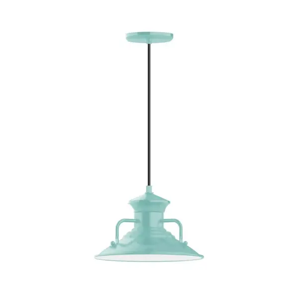 Cord hung pendants are a fun and useful addition to your décor, they will add color, and design flair to any application. Choose from 10 finishes and 10 cord patterns, accessorize with a wire grill, or glass and guard to create your own custom pendant. Great for interior use over a table, island, or workbench. The Homestead shade with its cap and handles, has farmhouse flair, at home over a kitchen table or a wide front porch. Collection: Homestead Finish: Sea Green Glass: Clear Glass with Cast Guard Notes: Option (1) A19 LED and 3-Integrated 8W, 10W, 15W Width: 12.13" Height: 79.25" Length: 12.13" Weight: 6.00 lb Wire: 6' White SJT Cord Canopy: 5.375" diameter Number of Bulbs: 1 Maximum Wattage: 100.00 W Bulb Type: A19 Bulb Base: E26 Medium Light Source: Incandescent or LED equivalent Dimmable Voltage: 120.00 V Country of Origin: US Safety Listing: UL/cUL Safety Rating: Dry Dark Sky LED Manufacturer Warranty: 1-year limited warranty on the fixture.