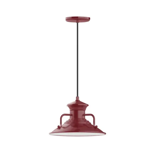 Cord hung pendants are a fun and useful addition to your décor, they will add color, and design flair to any application. Choose from 10 finishes and 10 cord patterns, accessorize with a wire grill, or glass and guard to create your own custom pendant. Great for interior use over a table, island, or workbench. The Homestead shade with its cap and handles, has farmhouse flair, at home over a kitchen table or a wide front porch. Collection: Homestead Finish: Barn Red Glass: 12 inch Homestead Width: 12.13" Height: 79.25" Length: 12.13" Weight: 6.00 lb Wire: 6' White SJT Cord Canopy: 5.375" diameter Number of Bulbs: 1 Maximum Wattage: 10.00 W Light Source: LED Light Output: 800.00 lm Color Temperature: 2700 K CRI: 90 Dimmable Rated Average Life: 50,000 Voltage: 120.00 V Country of Origin: US Safety Listing: UL/cUL Safety Rating: Dry Dark Sky LED Manufacturer Warranty: 1-year limited warranty on the fixture.