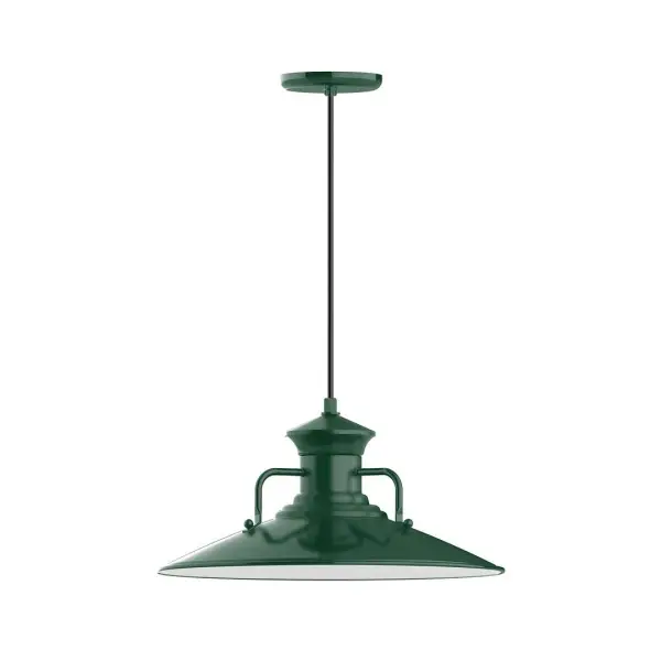 Cord hung pendants are a fun and useful addition to your décor, they will add color, and design flair to any application. Choose from 10 finishes and 10 cord patterns, accessorize with a wire grill, or glass and guard to create your own custom pendant. Great for interior use over a table, island, or workbench. The Homestead shade with its cap and handles, has farmhouse flair, at home over a kitchen table or a wide front porch. Collection: Homestead Finish: Forest Green Glass: 18 inch Homestead Width: 18.13" Height: 80.25" Length: 18.13" Weight: 8.00 lb Wire: 6' Polished Copper Fabric Cord Canopy: 5.375" diameter Number of Bulbs: 1 Maximum Wattage: 15.00 W Light Source: LED Light Output: 1200.00 lm Color Temperature: 2700 K CRI: 90 Dimmable Rated Average Life: 50,000 Voltage: 120.00 V Country of Origin: US Safety Listing: UL/cUL Safety Rating: Dry Dark Sky LED Manufacturer Warranty: 1-year limited warranty on the fixture.