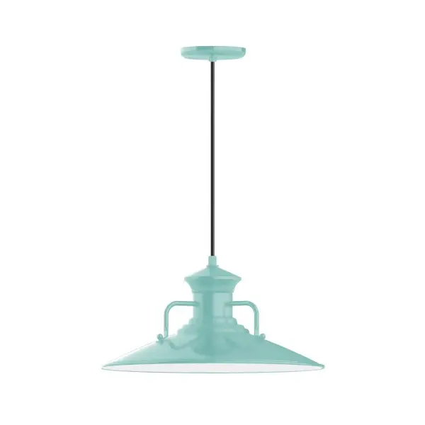 Cord hung pendants are a fun and useful addition to your décor, they will add color, and design flair to any application. Choose from 10 finishes and 10 cord patterns, accessorize with a wire grill, or glass and guard to create your own custom pendant. Great for interior use over a table, island, or workbench. The Homestead shade with its cap and handles, has farmhouse flair, at home over a kitchen table or a wide front porch. Collection: Homestead Finish: Sea Green Glass: 18 inch Homestead Width: 18.13" Height: 80.25" Length: 18.13" Weight: 8.00 lb Wire: 6' White and Gray Dot Fabric Cord Canopy: 5.375" diameter Number of Bulbs: 1 Maximum Wattage: 15.00 W Light Source: LED Light Output: 1200.00 lm Color Temperature: 2700 K CRI: 90 Dimmable Rated Average Life: 50,000 Voltage: 120.00 V Country of Origin: US Safety Listing: UL/cUL Safety Rating: Dry Dark Sky LED Manufacturer Warranty: 1-year limited warranty on the fixture.