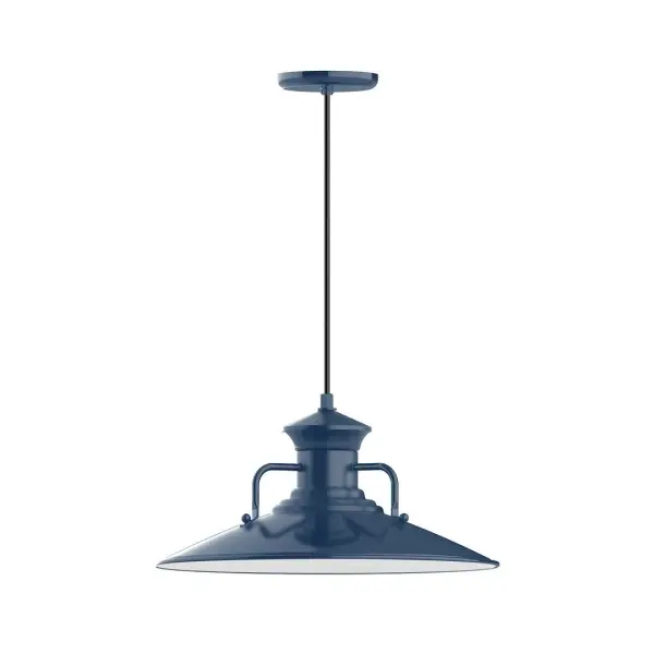 Cord hung pendants are a fun and useful addition to your décor, they will add color, and design flair to any application. Choose from 10 finishes and 10 cord patterns, accessorize with a wire grill, or glass and guard to create your own custom pendant. Great for interior use over a table, island, or workbench. The Homestead shade with its cap and handles, has farmhouse flair, at home over a kitchen table or a wide front porch. Collection: Homestead Finish: Navy Glass: Clear Glass with Cast Guard Notes: Option (1) A19 LED and 3-Integrated 8W, 10W, 15W Width: 18.13" Height: 80.25" Length: 18.13" Weight: 8.00 lb Wire: 6' Polished Copper Fabric Cord Canopy: 5.375" diameter Number of Bulbs: 1 Maximum Wattage: 100.00 W Bulb Type: A19 Bulb Base: E26 Medium Light Source: Incandescent or LED equivalent Dimmable Voltage: 120.00 V Country of Origin: US Safety Listing: UL/cUL Safety Rating: Dry Dark Sky LED Manufacturer Warranty: 1-year limited warranty on the fixture.