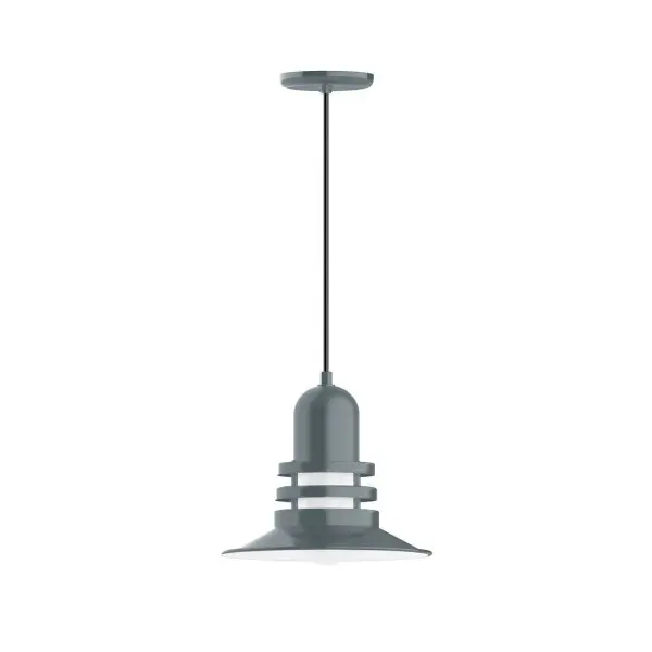 Cord hung pendants are a fun and useful addition to your décor, they will add color, and design flair to any application. Choose from 10 finishes and 10 cord patterns, accessorize with a wire grill, or glass and guard to create your own custom pendant. Great for interior use over a table, island, or workbench. The Atomic has a great retro feel and will lighten up any space. A clear glass jar to protect bulb from the elements is a standard feature. Collection: Atomic Finish: Slate Gray Glass: 12 inch Atomic Notes: Option (1) A19 LED and 3-Integrated 8W, 10W, 15W Width: 12.00" Height: 81.50" Length: 12.00" Weight: 7.00 lb Wire: 6' White Fabric Cord Canopy: 5.375" diameter Number of Bulbs: 1 Maximum Wattage: 100.00 W Bulb Type: A19 Bulb Base: E26 Medium Light Source: Incandescent or LED equivalent Dimmable Voltage: 120.00 V Country of Origin: US Safety Listing: UL/cUL Safety Rating: Dry Dark Sky LED Manufacturer Warranty: 1-year limited warranty on the fixture.