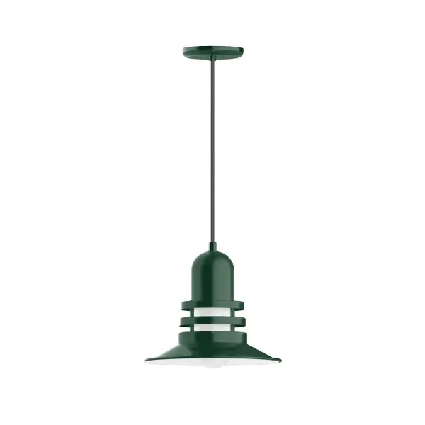 Cord hung pendants are a fun and useful addition to your décor, they will add color, and design flair to any application. Choose from 10 finishes and 10 cord patterns, accessorize with a wire grill, or glass and guard to create your own custom pendant. Great for interior use over a table, island, or workbench. The Atomic has a great retro feel and will lighten up any space. A clear glass jar to protect bulb from the elements is a standard feature. Collection: Atomic Finish: Forest Green Glass: 12 inch Atomic Notes: Option (1) A19 LED and 3-Integrated 8W, 10W, 15W Width: 12.00" Height: 81.50" Length: 12.00" Weight: 7.00 lb Wire: 6' White SJT Cord Canopy: 5.375" diameter Number of Bulbs: 1 Maximum Wattage: 100.00 W Bulb Type: A19 Bulb Base: E26 Medium Light Source: Incandescent or LED equivalent Dimmable Voltage: 120.00 V Country of Origin: US Safety Listing: UL/cUL Safety Rating: Dry Dark Sky LED Manufacturer Warranty: 1-year limited warranty on the fixture.