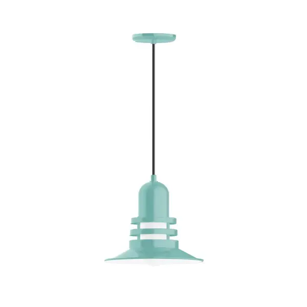 Cord hung pendants are a fun and useful addition to your décor, they will add color, and design flair to any application. Choose from 10 finishes and 10 cord patterns, accessorize with a wire grill, or glass and guard to create your own custom pendant. Great for interior use over a table, island, or workbench. The Atomic has a great retro feel and will lighten up any space. A clear glass jar to protect bulb from the elements is a standard feature. Collection: Atomic Finish: Sea Green Glass: 12 inch Atomic Notes: Option (1) A19 LED and 3-Integrated 8W, 10W, 15W Width: 12.00" Height: 81.50" Length: 12.00" Weight: 7.00 lb Wire: 6' White Fabric Cord Canopy: 5.375" diameter Number of Bulbs: 1 Maximum Wattage: 100.00 W Bulb Type: A19 Bulb Base: E26 Medium Light Source: Incandescent or LED equivalent Dimmable Voltage: 120.00 V Country of Origin: US Safety Listing: UL/cUL Safety Rating: Dry Dark Sky LED Manufacturer Warranty: 1-year limited warranty on the fixture.