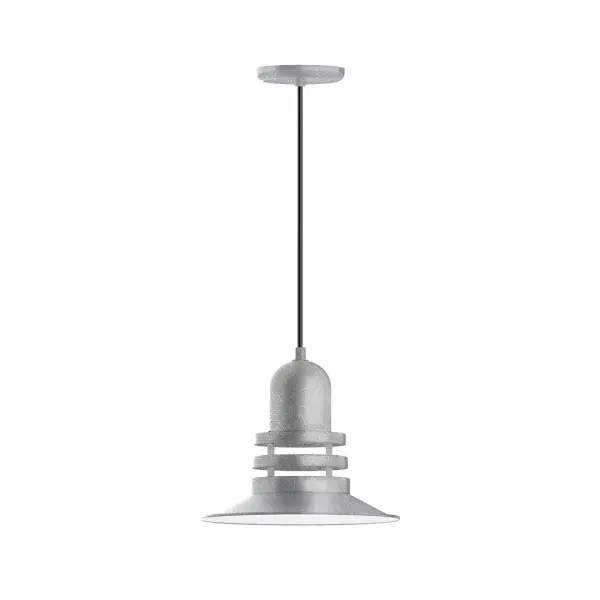Cord hung pendants are a fun and useful addition to your décor, they will add color, and design flair to any application. Choose from 10 finishes and 10 cord patterns, accessorize with a wire grill, or glass and guard to create your own custom pendant. Great for interior use over a table, island, or workbench. The Atomic has a great retro feel and will lighten up any space. A clear glass jar to protect bulb from the elements is a standard feature. Collection: Atomic Finish: Painted Galvanized Glass: 12 inch Atomic Notes: Option (1) A19 LED and 3-Integrated 8W, 10W, 15W Width: 12.00" Height: 81.50" Length: 12.00" Weight: 7.00 lb Wire: 6' White SJT Cord Canopy: 5.375" diameter Number of Bulbs: 1 Maximum Wattage: 100.00 W Bulb Type: A19 Bulb Base: E26 Medium Light Source: Incandescent or LED equivalent Dimmable Voltage: 120.00 V Country of Origin: US Safety Listing: UL/cUL Safety Rating: Dry Dark Sky LED Manufacturer Warranty: 1-year limited warranty on the fixture.