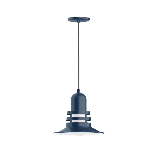 Cord hung pendants are a fun and useful addition to your décor, they will add color, and design flair to any application. Choose from 10 finishes and 10 cord patterns, accessorize with a wire grill, or glass and guard to create your own custom pendant. Great for interior use over a table, island, or workbench. The Atomic has a great retro feel and will lighten up any space. A clear glass jar to protect bulb from the elements is a standard feature. Collection: Atomic Finish: Navy Glass: 12 inch Atomic Notes: Option (1) A19 LED and 3-Integrated 8W, 10W, 15W Width: 12.00" Height: 81.50" Length: 12.00" Weight: 7.00 lb Wire: 6' Ivory Fabric Cord Canopy: 5.375" diameter Number of Bulbs: 1 Maximum Wattage: 100.00 W Bulb Type: A19 Bulb Base: E26 Medium Light Source: Incandescent or LED equivalent Dimmable Voltage: 120.00 V Country of Origin: US Safety Listing: UL/cUL Safety Rating: Dry Dark Sky LED Manufacturer Warranty: 1-year limited warranty on the fixture.