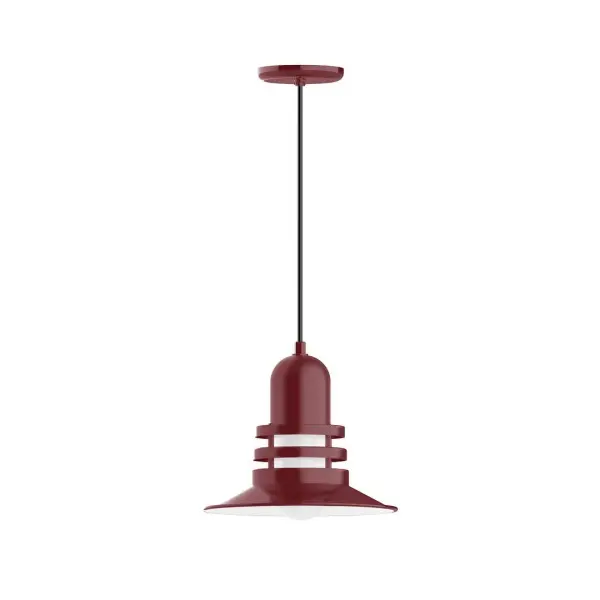Cord hung pendants are a fun and useful addition to your décor, they will add color, and design flair to any application. Choose from 10 finishes and 10 cord patterns, accessorize with a wire grill, or glass and guard to create your own custom pendant. Great for interior use over a table, island, or workbench. The Atomic has a great retro feel and will lighten up any space. A clear glass jar to protect bulb from the elements is a standard feature. Collection: Atomic Finish: Barn Red Glass: 12 inch Atomic Notes: Option (1) A19 LED and 3-Integrated 8W, 10W, 15W Width: 12.00" Height: 81.50" Length: 12.00" Weight: 7.00 lb Wire: 6' Polished Copper Fabric Cord Canopy: 5.375" diameter Number of Bulbs: 1 Maximum Wattage: 100.00 W Bulb Type: A19 Bulb Base: E26 Medium Light Source: Incandescent or LED equivalent Dimmable Voltage: 120.00 V Country of Origin: US Safety Listing: UL/cUL Safety Rating: Dry Dark Sky LED Manufacturer Warranty: 1-year limited warranty on the fixture.