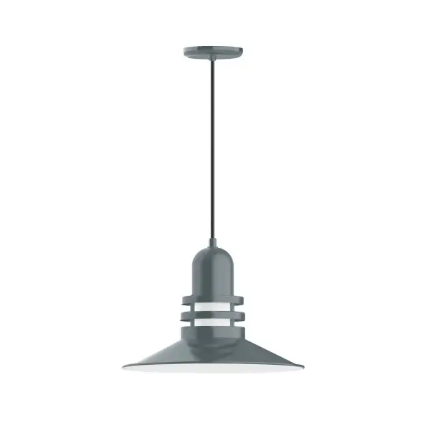 Cord hung pendants are a fun and useful addition to your décor, they will add color, and design flair to any application. Choose from 10 finishes and 10 cord patterns, accessorize with a wire grill, or glass and guard to create your own custom pendant. Great for interior use over a table, island, or workbench. The Atomic has a great retro feel and will lighten up any space. A clear glass jar to protect bulb from the elements is a standard feature. Collection: Atomic Finish: Slate Gray Glass: 16 inch Atomic Notes: Option (1) A19 LED and 3-Integrated 8W, 10W, 15W Width: 16.25" Height: 82.75" Length: 16.25" Weight: 10.00 lb Wire: 6' Black SJT Canopy: 5.375" diameter Number of Bulbs: 1 Maximum Wattage: 100.00 W Bulb Type: A19 Bulb Base: E26 Medium Light Source: Incandescent or LED equivalent Dimmable Voltage: 120.00 V Country of Origin: US Safety Listing: UL/cUL Safety Rating: Dry Dark Sky LED Manufacturer Warranty: 1-year limited warranty on the fixture.