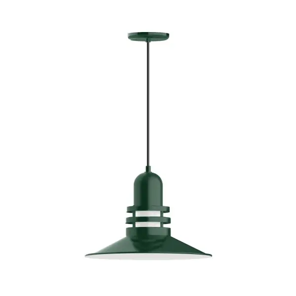 Cord hung pendants are a fun and useful addition to your décor, they will add color, and design flair to any application. Choose from 10 finishes and 10 cord patterns, accessorize with a wire grill, or glass and guard to create your own custom pendant. Great for interior use over a table, island, or workbench. The Atomic has a great retro feel and will lighten up any space. A clear glass jar to protect bulb from the elements is a standard feature. Collection: Atomic Finish: Forest Green Glass: 16 inch Atomic Notes: Option (1) A19 LED and 3-Integrated 8W, 10W, 15W Width: 16.25" Height: 82.75" Length: 16.25" Weight: 10.00 lb Wire: 6' Cool Tweed Fabric Cord Canopy: 5.375" diameter Number of Bulbs: 1 Maximum Wattage: 100.00 W Bulb Type: A19 Bulb Base: E26 Medium Light Source: Incandescent or LED equivalent Dimmable Voltage: 120.00 V Country of Origin: US Safety Listing: UL/cUL Safety Rating: Dry Dark Sky LED Manufacturer Warranty: 1-year limited warranty on the fixture.