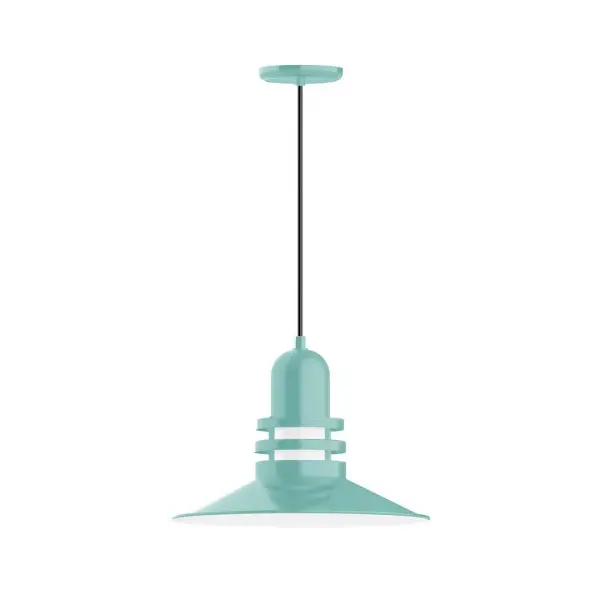 Cord hung pendants are a fun and useful addition to your décor, they will add color, and design flair to any application. Choose from 10 finishes and 10 cord patterns, accessorize with a wire grill, or glass and guard to create your own custom pendant. Great for interior use over a table, island, or workbench. The Atomic has a great retro feel and will lighten up any space. A clear glass jar to protect bulb from the elements is a standard feature. Collection: Atomic Finish: Sea Green Glass: 16 inch Atomic Notes: Option (1) A19 LED and 3-Integrated 8W, 10W, 15W Width: 16.25" Height: 82.75" Length: 16.25" Weight: 10.00 lb Wire: 6' White and Gray Dot Fabric Cord Canopy: 5.375" diameter Number of Bulbs: 1 Maximum Wattage: 100.00 W Bulb Type: A19 Bulb Base: E26 Medium Light Source: Incandescent or LED equivalent Dimmable Voltage: 120.00 V Country of Origin: US Safety Listing: UL/cUL Safety Rating: Dry Dark Sky LED Manufacturer Warranty: 1-year limited warranty on the fixture.