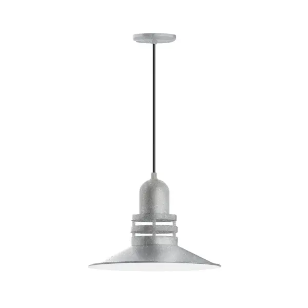 Cord hung pendants are a fun and useful addition to your décor, they will add color, and design flair to any application. Choose from 10 finishes and 10 cord patterns, accessorize with a wire grill, or glass and guard to create your own custom pendant. Great for interior use over a table, island, or workbench. The Atomic has a great retro feel and will lighten up any space. A clear glass jar to protect bulb from the elements is a standard feature. Collection: Atomic Finish: Painted Galvanized Glass: 16 inch Atomic Notes: Option (1) A19 LED and 3-Integrated 8W, 10W, 15W Width: 16.25" Height: 82.75" Length: 16.25" Weight: 10.00 lb Wire: 6' Navy Mini Tweed Fabric Cord Canopy: 5.375" diameter Number of Bulbs: 1 Maximum Wattage: 100.00 W Bulb Type: A19 Bulb Base: E26 Medium Light Source: Incandescent or LED equivalent Dimmable Voltage: 120.00 V Country of Origin: US Safety Listing: UL/cUL Safety Rating: Dry Dark Sky LED Manufacturer Warranty: 1-year limited warranty on the fixture.