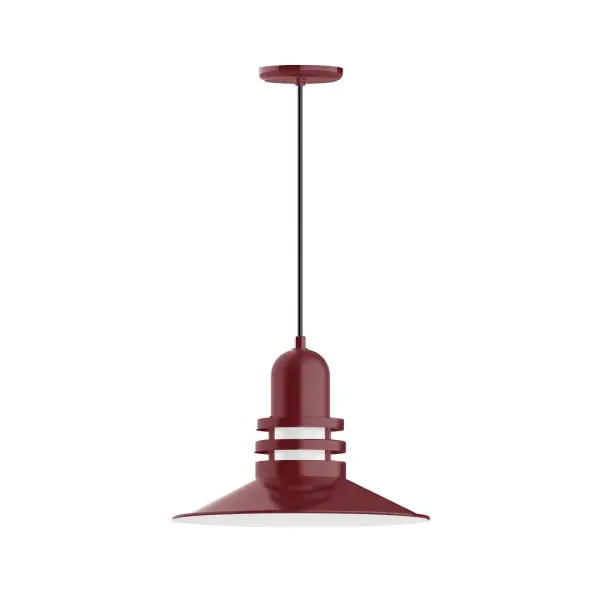 Cord hung pendants are a fun and useful addition to your décor, they will add color, and design flair to any application. Choose from 10 finishes and 10 cord patterns, accessorize with a wire grill, or glass and guard to create your own custom pendant. Great for interior use over a table, island, or workbench. The Atomic has a great retro feel and will lighten up any space. A clear glass jar to protect bulb from the elements is a standard feature. Collection: Atomic Finish: Barn Red Glass: 16 inch Atomic Notes: Option (1) A19 LED and 3-Integrated 8W, 10W, 15W Width: 16.25" Height: 82.75" Length: 16.25" Weight: 10.00 lb Wire: 6' Black Fabric Cord Canopy: 5.375" diameter Number of Bulbs: 1 Maximum Wattage: 100.00 W Bulb Type: A19 Bulb Base: E26 Medium Light Source: Incandescent or LED equivalent Dimmable Voltage: 120.00 V Country of Origin: US Safety Listing: UL/cUL Safety Rating: Dry Dark Sky LED Manufacturer Warranty: 1-year limited warranty on the fixture.