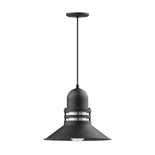 Cord hung pendants are a fun and useful addition to your décor, they will add color, and design flair to any application. Choose from 10 finishes and 10 cord patterns, accessorize with a wire grill, or glass and guard to create your own custom pendant. Great for interior use over a table, island, or workbench. The Atomic has a great retro feel and will lighten up any space. A clear glass jar to protect bulb from the elements is a standard feature. Collection: Atomic Finish: Black Glass: 16 inch Atomic Notes: Option (1) A19 LED and 3-Integrated 8W, 10W, 15W Width: 16.00" Height: 84.00" Length: 16.00" Weight: 10.00 lb Wire: 6' Red and White Zigzag Fabric Cord Canopy: 5.375" diameter Number of Bulbs: 1 Maximum Wattage: 100.00 W Bulb Type: A19 Bulb Base: E26 Medium Light Source: Incandescent or LED equivalent Dimmable Voltage: 120.00 V Country of Origin: US Safety Listing: UL/cUL Safety Rating: Dry Dark Sky LED Manufacturer Warranty: 1-year limited warranty on the fixture.
