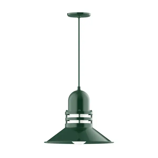Cord hung pendants are a fun and useful addition to your décor, they will add color, and design flair to any application. Choose from 10 finishes and 10 cord patterns, accessorize with a wire grill, or glass and guard to create your own custom pendant. Great for interior use over a table, island, or workbench. The Atomic has a great retro feel and will lighten up any space. A clear glass jar to protect bulb from the elements is a standard feature. Collection: Atomic Finish: Forest Green Glass: 16 inch Atomic Notes: Option (1) A19 LED and 3-Integrated 8W, 10W, 15W Width: 16.00" Height: 84.00" Length: 16.00" Weight: 10.00 lb Wire: 6' Red and White Zigzag Fabric Cord Canopy: 5.375" diameter Number of Bulbs: 1 Maximum Wattage: 100.00 W Bulb Type: A19 Bulb Base: E26 Medium Light Source: Incandescent or LED equivalent Dimmable Voltage: 120.00 V Country of Origin: US Safety Listing: UL/cUL Safety Rating: Dry Dark Sky LED Manufacturer Warranty: 1-year limited warranty on the fixture.