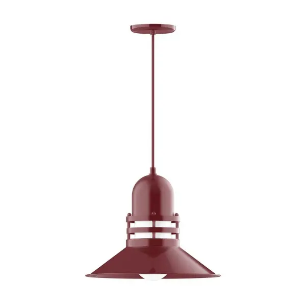 Cord hung pendants are a fun and useful addition to your décor, they will add color, and design flair to any application. Choose from 10 finishes and 10 cord patterns, accessorize with a wire grill, or glass and guard to create your own custom pendant. Great for interior use over a table, island, or workbench. The Atomic has a great retro feel and will lighten up any space. A clear glass jar to protect bulb from the elements is a standard feature. Collection: Atomic Finish: Barn Red Glass: 16 inch Atomic Notes: Option (1) A19 LED and 3-Integrated 8W, 10W, 15W Width: 16.00" Height: 84.00" Length: 16.00" Weight: 10.00 lb Wire: 6' Red and White Zigzag Fabric Cord Canopy: 5.375" diameter Number of Bulbs: 1 Maximum Wattage: 200.00 W Bulb Type: A19 Bulb Base: E26 Medium Light Source: Incandescent or LED equivalent Dimmable Voltage: 120.00 V Country of Origin: US Safety Listing: UL/cUL Safety Rating: Dry Dark Sky LED Manufacturer Warranty: 1-year limited warranty on the fixture.