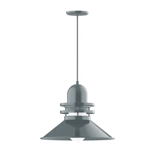 Cord hung pendants are a fun and useful addition to your décor, they will add color, and design flair to any application. Choose from 10 finishes and 10 cord patterns, accessorize with a wire grill, or glass and guard to create your own custom pendant. Great for interior use over a table, island, or workbench. The Atomic has a great retro feel and will lighten up any space. A clear glass jar to protect bulb from the elements is a standard feature. Collection: Atomic Finish: Slate Gray Glass: 18 inch Atomic Notes: Option (1) A19 LED and 4-Integrated 8W, 10W, 15W, 25W Width: 18.00" Height: 85.25" Length: 18.00" Weight: 10.00 lb Wire: 6' Gray Fabric Cord Canopy: 5.375" diameter Number of Bulbs: 1 Maximum Wattage: 200.00 W Bulb Type: A19 Bulb Base: E26 Medium Light Source: Incandescent or LED equivalent Dimmable Voltage: 120.00 V Country of Origin: US Safety Listing: UL/cUL Safety Rating: Dry Dark Sky LED Manufacturer Warranty: 1-year limited warranty on the fixture.
