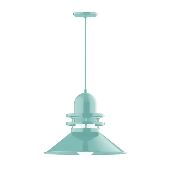 Cord hung pendants are a fun and useful addition to your décor, they will add color, and design flair to any application. Choose from 10 finishes and 10 cord patterns, accessorize with a wire grill, or glass and guard to create your own custom pendant. Great for interior use over a table, island, or workbench. The Atomic has a great retro feel and will lighten up any space. A clear glass jar to protect bulb from the elements is a standard feature. Collection: Atomic Finish: Sea Green Glass: 18 inch Atomic Notes: Option (1) A19 LED and 4-Integrated 8W, 10W, 15W, 25W Width: 18.00" Height: 85.25" Length: 18.00" Weight: 10.00 lb Wire: 6' Navy Mini Tweed Fabric Cord Canopy: 5.375" diameter Number of Bulbs: 1 Maximum Wattage: 200.00 W Bulb Type: A19 Bulb Base: E26 Medium Light Source: Incandescent or LED equivalent Dimmable Voltage: 120.00 V Country of Origin: US Safety Listing: UL/cUL Safety Rating: Dry Dark Sky LED Manufacturer Warranty: 1-year limited warranty on the fixture.