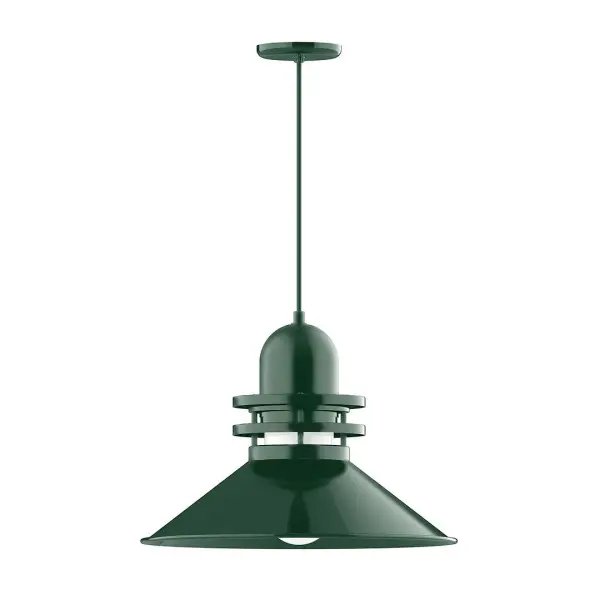 Cord hung pendants are a fun and useful addition to your décor, they will add color, and design flair to any application. Choose from 10 finishes and 10 cord patterns, accessorize with a wire grill, or glass and guard to create your own custom pendant. Great for interior use over a table, island, or workbench. The Atomic has a great retro feel and will lighten up any space. A clear glass jar to protect bulb from the elements is a standard feature. Collection: Atomic Finish: Forest Green Glass: 20 inch Atomic Notes: Option (1) A19 LED and 4-Integrated 8W, 10W, 15W, 25W Width: 20.00" Height: 85.88" Length: 20.00" Weight: 10.00 lb Wire: 6' Gray Fabric Cord Canopy: 5.375" diameter Number of Bulbs: 1 Maximum Wattage: 200.00 W Bulb Type: A19 Bulb Base: E26 Medium Light Source: Incandescent or LED equivalent Dimmable Voltage: 120.00 V Country of Origin: US Safety Listing: UL/cUL Safety Rating: Dry Dark Sky LED Manufacturer Warranty: 1-year limited warranty on the fixture.