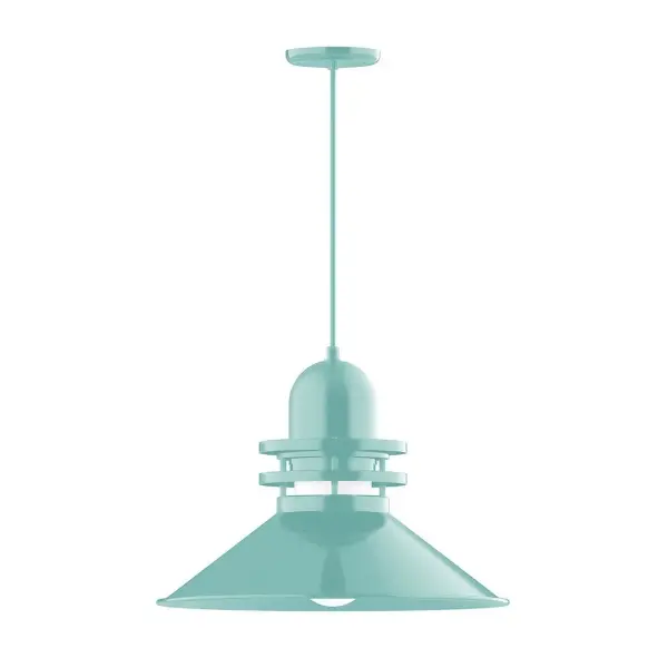 Cord hung pendants are a fun and useful addition to your décor, they will add color, and design flair to any application. Choose from 10 finishes and 10 cord patterns, accessorize with a wire grill, or glass and guard to create your own custom pendant. Great for interior use over a table, island, or workbench. The Atomic has a great retro feel and will lighten up any space. A clear glass jar to protect bulb from the elements is a standard feature. Collection: Atomic Finish: Sea Green Glass: 20 inch Atomic Notes: Option (1) A19 LED and 4-Integrated 8W, 10W, 15W, 25W Width: 20.00" Height: 85.88" Length: 20.00" Weight: 10.00 lb Wire: 6' Black Fabric Cord Canopy: 5.375" diameter Number of Bulbs: 1 Maximum Wattage: 200.00 W Bulb Type: A19 Bulb Base: E26 Medium Light Source: Incandescent or LED equivalent Dimmable Voltage: 120.00 V Country of Origin: US Safety Listing: UL/cUL Safety Rating: Dry Dark Sky LED Manufacturer Warranty: 1-year limited warranty on the fixture.