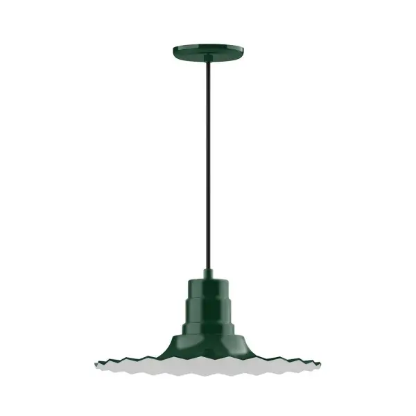 Cord hung pendants are a fun and useful addition to your décor, they will add color, and design flair to any application. Choose from 10 finishes and 10 cord patterns, accessorize with a wire grill, or glass and guard to create your own custom pendant. Great for interior use over a table, island, or workbench. The Radial Shade is fluted to allow water to flow off its surface, suitable for seaside and non-seaside locales. Collection: Radial Finish: Forest Green Glass: Clear Glass with Cast Guard Notes: Option (1) A19 LED and 3-Integrated 8W, 10W, 15W Width: 16.00" Height: 102.75" Length: 16.00" Weight: 4.00 lb Wire: 6' Red and White Zigzag Fabric Cord Canopy: 5.375" diameter Number of Bulbs: 1 Maximum Wattage: 100.00 W Bulb Type: A19 Bulb Base: E26 Medium Light Source: Incandescent or LED equivalent Dimmable Voltage: 120.00 V Country of Origin: US Safety Listing: UL/cUL Safety Rating: Dry Dark Sky LED Manufacturer Warranty: 1-year limited warranty on the fixture.