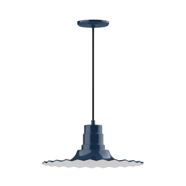Cord hung pendants are a fun and useful addition to your décor, they will add color, and design flair to any application. Choose from 10 finishes and 10 cord patterns, accessorize with a wire grill, or glass and guard to create your own custom pendant. Great for interior use over a table, island, or workbench. The Radial Shade is fluted to allow water to flow off its surface, suitable for seaside and non-seaside locales. Collection: Radial Finish: Navy Glass: Clear Glass with Cast Guard Notes: Option (1) A19 LED and 3-Integrated 8W, 10W, 15W Width: 16.00" Height: 102.75" Length: 16.00" Weight: 4.00 lb Wire: 6' Polished Copper Fabric Cord Canopy: 5.375" diameter Number of Bulbs: 1 Maximum Wattage: 100.00 W Bulb Type: A19 Bulb Base: E26 Medium Light Source: Incandescent or LED equivalent Dimmable Voltage: 120.00 V Country of Origin: US Safety Listing: UL/cUL Safety Rating: Dry Dark Sky LED Manufacturer Warranty: 1-year limited warranty on the fixture.