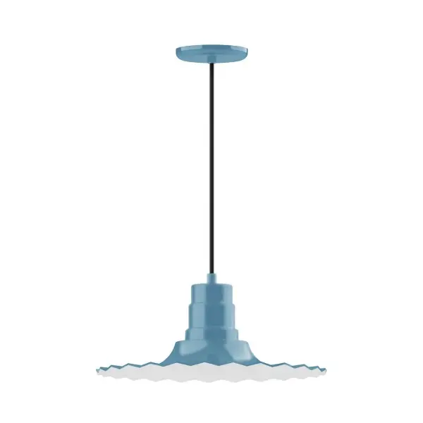 Cord hung pendants are a fun and useful addition to your décor, they will add color, and design flair to any application. Choose from 10 finishes and 10 cord patterns, accessorize with a wire grill, or glass and guard to create your own custom pendant. Great for interior use over a table, island, or workbench. The Radial Shade is fluted to allow water to flow off its surface, suitable for seaside and non-seaside locales. Collection: Radial Finish: Light Blue Glass: Clear Glass with Cast Guard Notes: Option (1) A19 LED and 3-Integrated 8W, 10W, 15W Width: 16.00" Height: 102.75" Length: 16.00" Weight: 4.00 lb Wire: 6' Black SJT Canopy: 5.375" diameter Number of Bulbs: 1 Maximum Wattage: 100.00 W Bulb Type: A19 Bulb Base: E26 Medium Light Source: Incandescent or LED equivalent Dimmable Voltage: 120.00 V Country of Origin: US Safety Listing: UL/cUL Safety Rating: Dry Dark Sky LED Manufacturer Warranty: 1-year limited warranty on the fixture.
