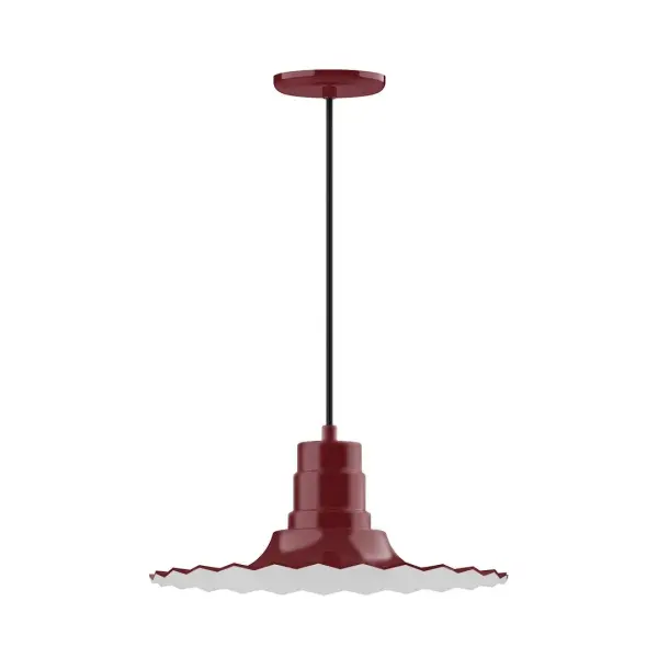 Cord hung pendants are a fun and useful addition to your décor, they will add color, and design flair to any application. Choose from 10 finishes and 10 cord patterns, accessorize with a wire grill, or glass and guard to create your own custom pendant. Great for interior use over a table, island, or workbench. The Radial Shade is fluted to allow water to flow off its surface, suitable for seaside and non-seaside locales. Collection: Radial Finish: Barn Red Glass: Clear Glass with Cast Guard Notes: Option (1) A19 LED and 3-Integrated 8W, 10W, 15W Width: 16.00" Height: 102.75" Length: 16.00" Weight: 4.00 lb Wire: 6' Black and White Houndstooth Fabric Cord Canopy: 5.375" diameter Number of Bulbs: 1 Maximum Wattage: 100.00 W Bulb Type: A19 Bulb Base: E26 Medium Light Source: Incandescent or LED equivalent Dimmable Voltage: 120.00 V Country of Origin: US Safety Listing: UL/cUL Safety Rating: Dry Dark Sky LED Manufacturer Warranty: 1-year limited warranty on the fixture.