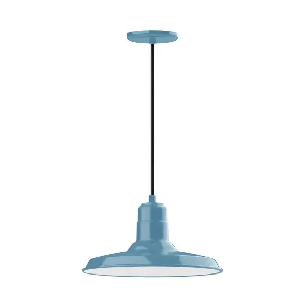 Cord hung pendants are a fun and useful addition to your décor, they will add color, and design flair to any application. Choose from 10 finishes and 10 cord patterns, accessorize with a wire grill, or glass and guard to create your own custom pendant. Great for interior use over a table, island, or workbench. The Warehouse shade is our most popular shade style, and we offer in a large variety of sizes. Collection: Warehouse Finish: Light Blue Glass: 14 inch Warehouse Width: 14.00" Height: 103.00" Length: 14.00" Weight: 3.00 lb Wire: 6' White SJT Cord Canopy: 5.375" diameter Number of Bulbs: 1 Maximum Wattage: 15.00 W Light Source: LED Light Output: 1200.00 lm Color Temperature: 2700 K CRI: 90 Dimmable Rated Average Life: 50,000 Voltage: 120.00 V Country of Origin: US Safety Listing: UL/cUL Safety Rating: Dry Dark Sky LED Manufacturer Warranty: 1-year limited warranty on the fixture.