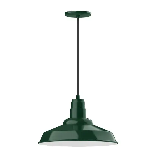 Cord hung pendants are a fun and useful addition to your décor, they will add color, and design flair to any application. Choose from 10 finishes and 10 cord patterns, accessorize with a wire grill, or glass and guard to create your own custom pendant. Great for interior use over a table, island, or workbench. The Warehouse shade is our most popular shade style, and we offer in a large variety of sizes. Collection: Warehouse Finish: Forest Green Glass: 16 inch Warehouse Width: 16.00" Height: 104.75" Length: 16.00" Weight: 3.00 lb Wire: 6' White SJT Cord Canopy: 5.375" diameter Number of Bulbs: 1 Maximum Wattage: 15.00 W Light Source: LED Light Output: 1200.00 lm Color Temperature: 2700 K CRI: 90 Dimmable Rated Average Life: 50,000 Voltage: 120.00 V Country of Origin: US Safety Listing: UL/cUL Safety Rating: Dry Dark Sky LED Manufacturer Warranty: 1-year limited warranty on the fixture.