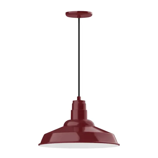 Cord hung pendants are a fun and useful addition to your décor, they will add color, and design flair to any application. Choose from 10 finishes and 10 cord patterns, accessorize with a wire grill, or glass and guard to create your own custom pendant. Great for interior use over a table, island, or workbench. The Warehouse shade is our most popular shade style, and we offer in a large variety of sizes. Collection: Warehouse Finish: Barn Red Glass: 16 inch Warehouse Width: 16.00" Height: 104.75" Length: 16.00" Weight: 3.00 lb Wire: 6' Ivory Fabric Cord Canopy: 5.375" diameter Number of Bulbs: 1 Maximum Wattage: 15.00 W Light Source: LED Light Output: 1200.00 lm Color Temperature: 2700 K CRI: 90 Dimmable Rated Average Life: 50,000 Voltage: 120.00 V Country of Origin: US Safety Listing: UL/cUL Safety Rating: Dry Dark Sky LED Manufacturer Warranty: 1-year limited warranty on the fixture.