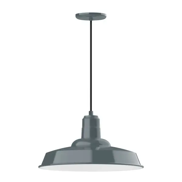 Cord hung pendants are a fun and useful addition to your décor, they will add color, and design flair to any application. Choose from 10 finishes and 10 cord patterns, accessorize with a wire grill, or glass and guard to create your own custom pendant. Great for interior use over a table, island, or workbench. The Warehouse shade is our most popular shade style, and we offer in a large variety of sizes. Collection: Warehouse Finish: Slate Gray Glass: Clear Glass with Cast Guard Notes: Option (1) A19 LED and Integrated LED Width: 18.00" Height: 105.00" Length: 18.00" Weight: 3.00 lb Wire: 6' Cool Tweed Fabric Cord Canopy: 5.375" diameter Number of Bulbs: 1 Maximum Wattage: 100.00 W Bulb Type: A19 Bulb Base: E26 Medium Light Source: Incandescent or LED equivalent Dimmable Voltage: 120.00 V Country of Origin: US Safety Listing: UL/cUL Safety Rating: Dry Dark Sky LED Manufacturer Warranty: 1-year limited warranty on the fixture.
