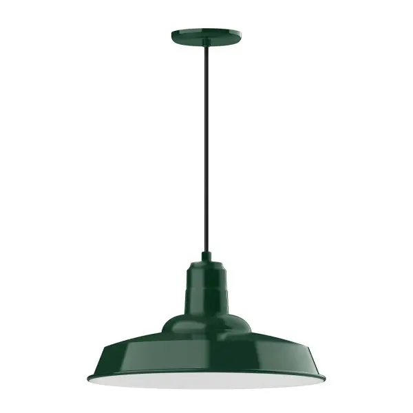 Cord hung pendants are a fun and useful addition to your décor, they will add color, and design flair to any application. Choose from 10 finishes and 10 cord patterns, accessorize with a wire grill, or glass and guard to create your own custom pendant. Great for interior use over a table, island, or workbench. The Warehouse shade is our most popular shade style, and we offer in a large variety of sizes. Collection: Warehouse Finish: Forest Green Glass: 18 inch Warehouse Width: 18.00" Height: 105.00" Length: 18.00" Weight: 3.00 lb Wire: 6' Black SJT Canopy: 5.375" diameter Number of Bulbs: 1 Maximum Wattage: 15.00 W Light Source: LED Light Output: 1200.00 lm Color Temperature: 3000 K CRI: 90 Dimmable Rated Average Life: 50,000 Voltage: 120.00 V Country of Origin: US Safety Listing: UL/cUL Safety Rating: Dry Dark Sky LED Manufacturer Warranty: 1-year limited warranty on the fixture.