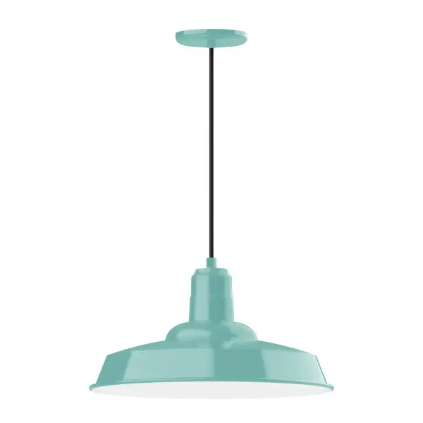 Cord hung pendants are a fun and useful addition to your décor, they will add color, and design flair to any application. Choose from 10 finishes and 10 cord patterns, accessorize with a wire grill, or glass and guard to create your own custom pendant. Great for interior use over a table, island, or workbench. The Warehouse shade is our most popular shade style, and we offer in a large variety of sizes. Collection: Warehouse Finish: Sea Green Glass: Clear Glass with Cast Guard Notes: Option (1) A19 LED and Integrated LED Width: 18.00" Height: 105.00" Length: 18.00" Weight: 3.00 lb Wire: 6' Black Fabric Cord Canopy: 5.375" diameter Number of Bulbs: 1 Maximum Wattage: 100.00 W Bulb Type: A19 Bulb Base: E26 Medium Light Source: Incandescent or LED equivalent Dimmable Voltage: 120.00 V Country of Origin: US Safety Listing: UL/cUL Safety Rating: Dry Dark Sky LED Manufacturer Warranty: 1-year limited warranty on the fixture.