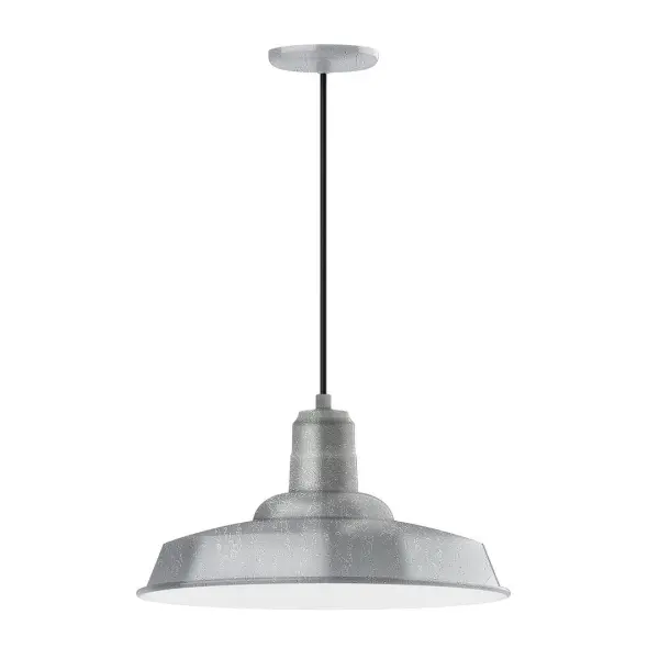 Cord hung pendants are a fun and useful addition to your décor, they will add color, and design flair to any application. Choose from 10 finishes and 10 cord patterns, accessorize with a wire grill, or glass and guard to create your own custom pendant. Great for interior use over a table, island, or workbench. The Warehouse shade is our most popular shade style, and we offer in a large variety of sizes. Collection: Warehouse Finish: Painted Galvanized Glass: 18 inch Warehouse Width: 18.00" Height: 105.00" Length: 18.00" Weight: 3.00 lb Wire: 6' Red and White Zigzag Fabric Cord Canopy: 5.375" diameter Number of Bulbs: 1 Maximum Wattage: 15.00 W Light Source: LED Light Output: 1200.00 lm Color Temperature: 2700 K CRI: 90 Dimmable Rated Average Life: 50,000 Voltage: 120.00 V Country of Origin: US Safety Listing: UL/cUL Safety Rating: Dry Dark Sky LED Manufacturer Warranty: 1-year limited warranty on the fixture.