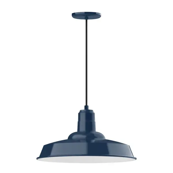 Cord hung pendants are a fun and useful addition to your décor, they will add color, and design flair to any application. Choose from 10 finishes and 10 cord patterns, accessorize with a wire grill, or glass and guard to create your own custom pendant. Great for interior use over a table, island, or workbench. The Warehouse shade is our most popular shade style, and we offer in a large variety of sizes. Collection: Warehouse Finish: Navy Glass: 18 inch Warehouse Width: 18.00" Height: 105.00" Length: 18.00" Weight: 3.00 lb Wire: 6' Red and White Zigzag Fabric Cord Canopy: 5.375" diameter Number of Bulbs: 1 Maximum Wattage: 15.00 W Light Source: LED Light Output: 1200.00 lm Color Temperature: 2700 K CRI: 90 Dimmable Rated Average Life: 50,000 Voltage: 120.00 V Country of Origin: US Safety Listing: UL/cUL Safety Rating: Dry Dark Sky LED Manufacturer Warranty: 1-year limited warranty on the fixture.