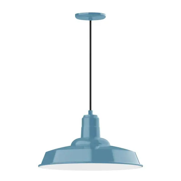 Cord hung pendants are a fun and useful addition to your décor, they will add color, and design flair to any application. Choose from 10 finishes and 10 cord patterns, accessorize with a wire grill, or glass and guard to create your own custom pendant. Great for interior use over a table, island, or workbench. The Warehouse shade is our most popular shade style, and we offer in a large variety of sizes. Collection: Warehouse Finish: Light Blue Glass: 18 inch Warehouse Width: 18.00" Height: 105.00" Length: 18.00" Weight: 3.00 lb Wire: 6' White and Gray Dot Fabric Cord Canopy: 5.375" diameter Number of Bulbs: 1 Maximum Wattage: 15.00 W Light Source: LED Light Output: 1200.00 lm Color Temperature: 2700 K CRI: 90 Dimmable Rated Average Life: 50,000 Voltage: 120.00 V Country of Origin: US Safety Listing: UL/cUL Safety Rating: Dry Dark Sky LED Manufacturer Warranty: 1-year limited warranty on the fixture.