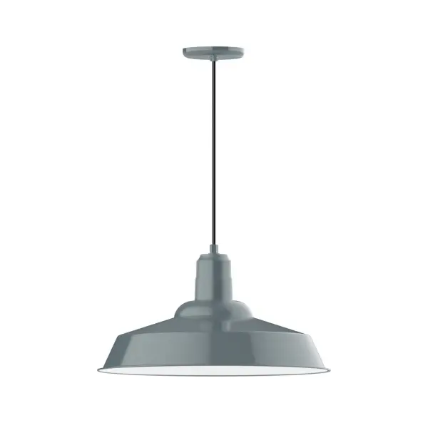 Cord hung pendants are a fun and useful addition to your décor, they will add color, and design flair to any application. Choose from 10 finishes and 10 cord patterns, accessorize with a wire grill, or glass and guard to create your own custom pendant. Great for interior use over a table, island, or workbench. The Warehouse shade is our most popular shade style, and we offer in a large variety of sizes. Collection: Warehouse Finish: Slate Gray Glass: 20 inch Warehouse Notes: Option (1) A19 LED and Integrated LED Width: 20.00" Height: 82.00" Length: 20.00" Weight: 12.00 lb Wire: 6' Black SJT Canopy: 5.375" diameter Number of Bulbs: 1 Maximum Wattage: 100.00 W Bulb Type: A19 Bulb Base: E26 Medium Light Source: Incandescent or LED equivalent Dimmable Voltage: 120.00 V Country of Origin: US Safety Listing: UL/cUL Safety Rating: Dry Dark Sky LED Manufacturer Warranty: 1-year limited warranty on the fixture.
